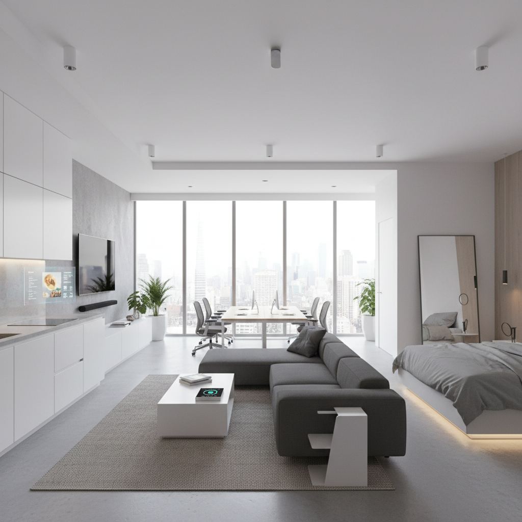 Smart studio apartment with integrated tech, minimalist design, bright open plan, city view window