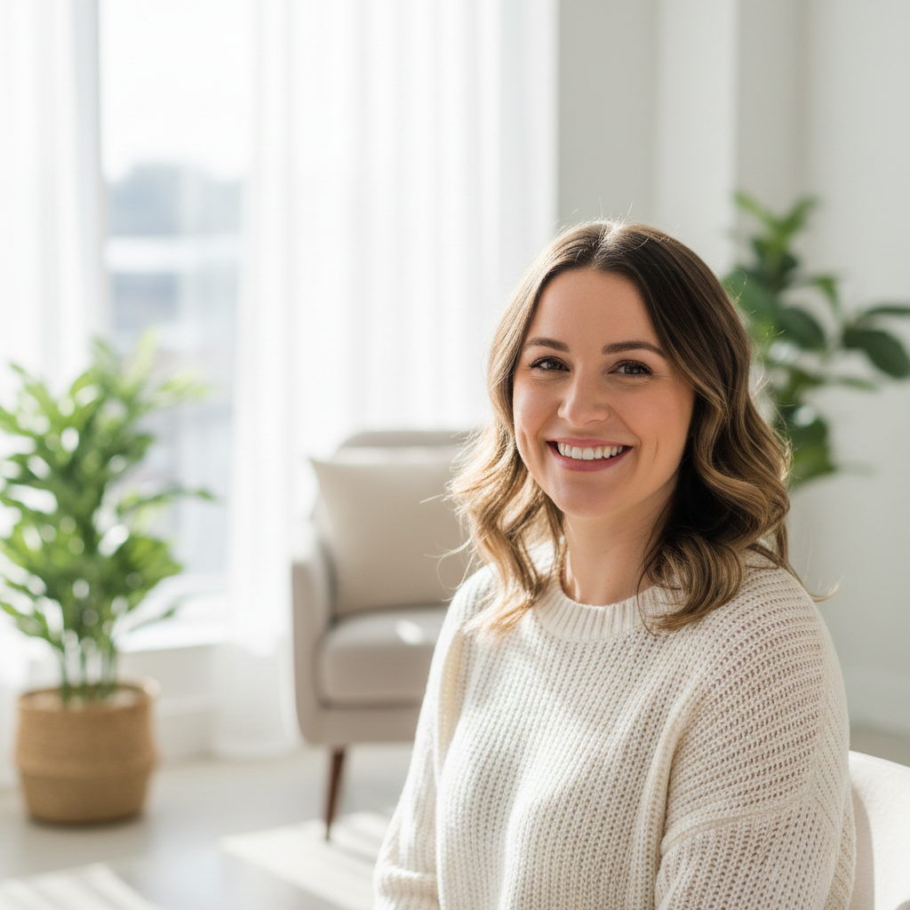 Young woman educator with thoughtful expression in light-filled workspace with plants