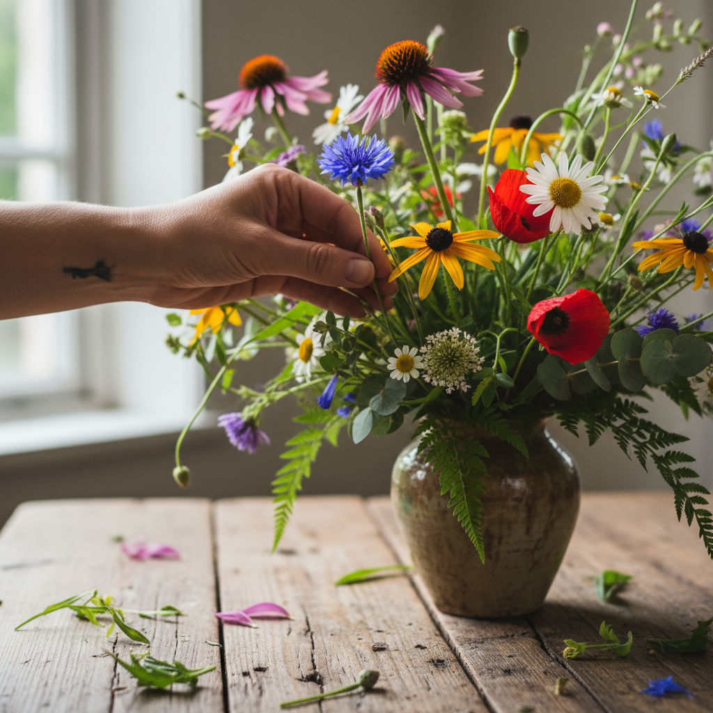Florist's hand placing the last stem in a wildflower arrangement on a weathered farm table