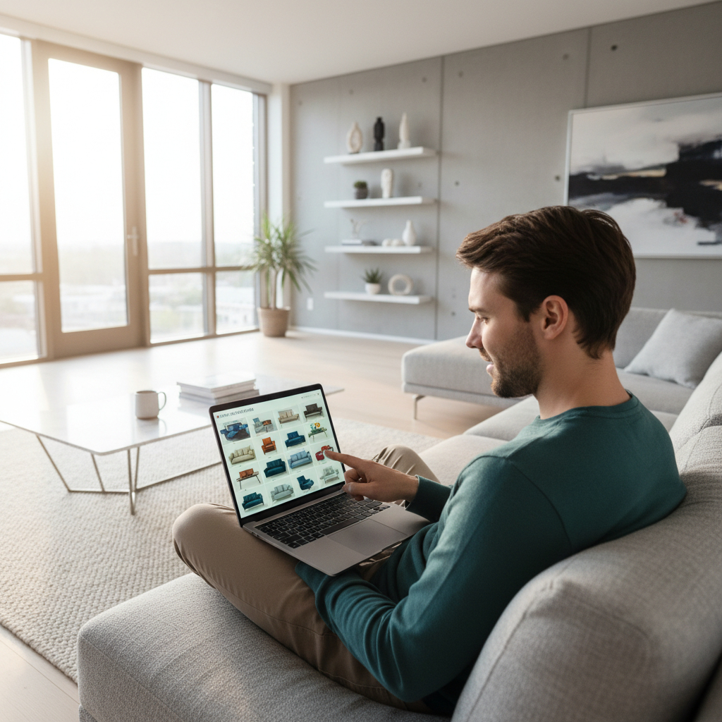 Person searching for car parts on a laptop in a bright airy home setting, natural light, clean and modern environment