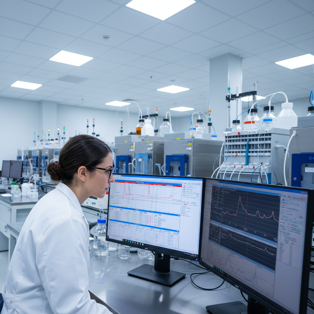 QC chemist reviewing chromatography data on dual monitors in a pharmaceutical laboratory