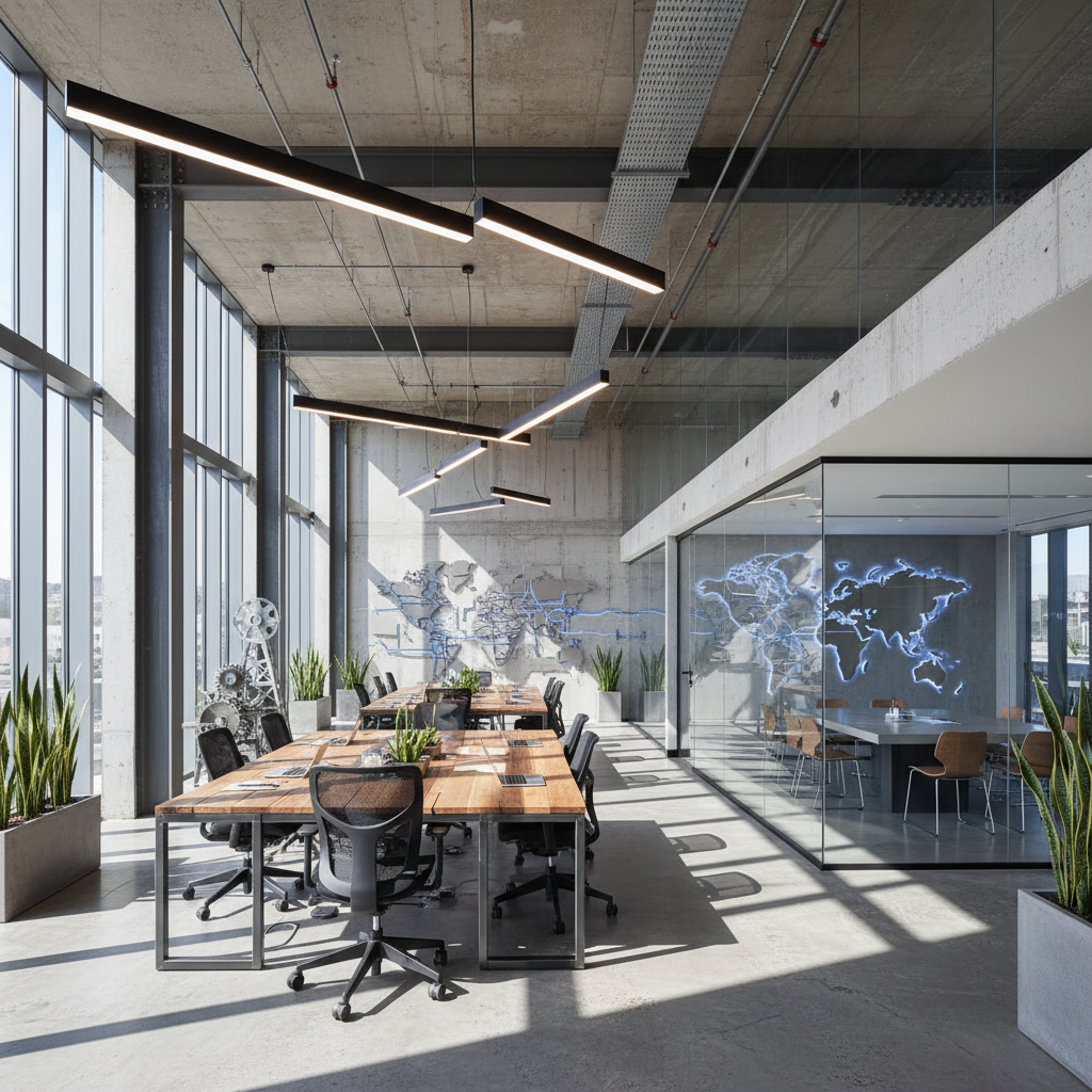 Refined commercial office suite with custom millwork and dramatic pendant lighting in dark industrial space
