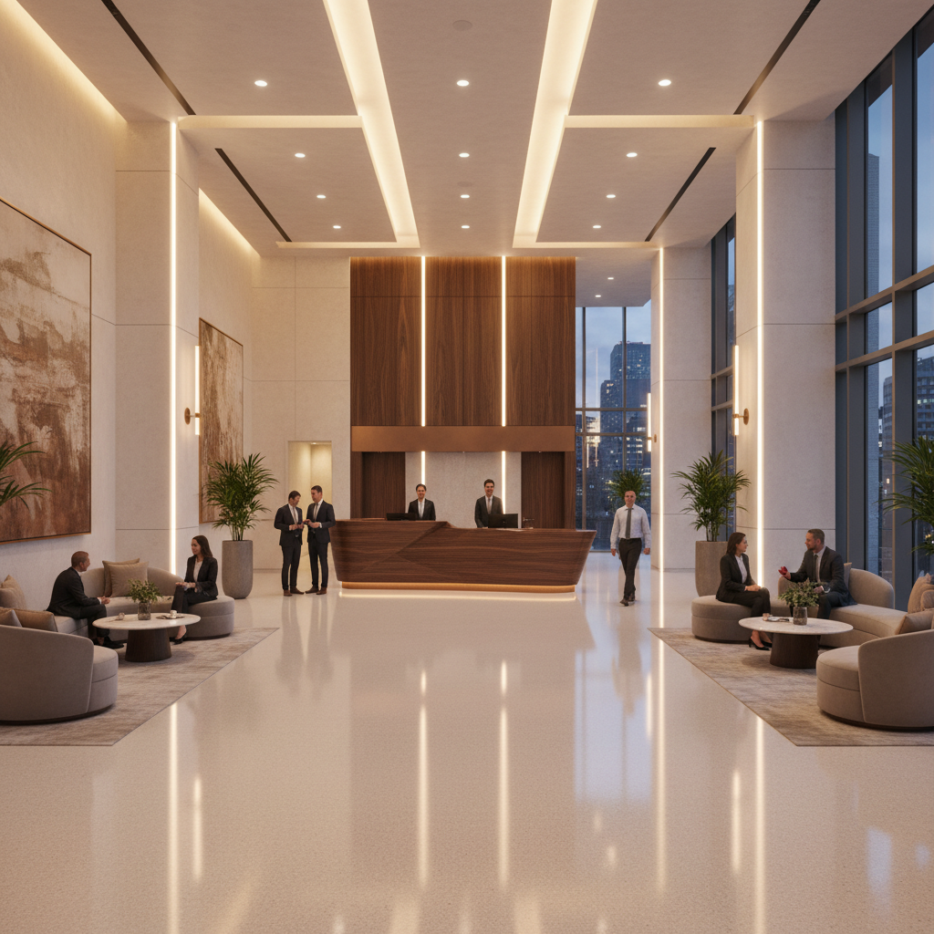 Renovated high-rise lobby with warm architectural lighting, refinished floors, concierge desk, and 96 percent occupancy