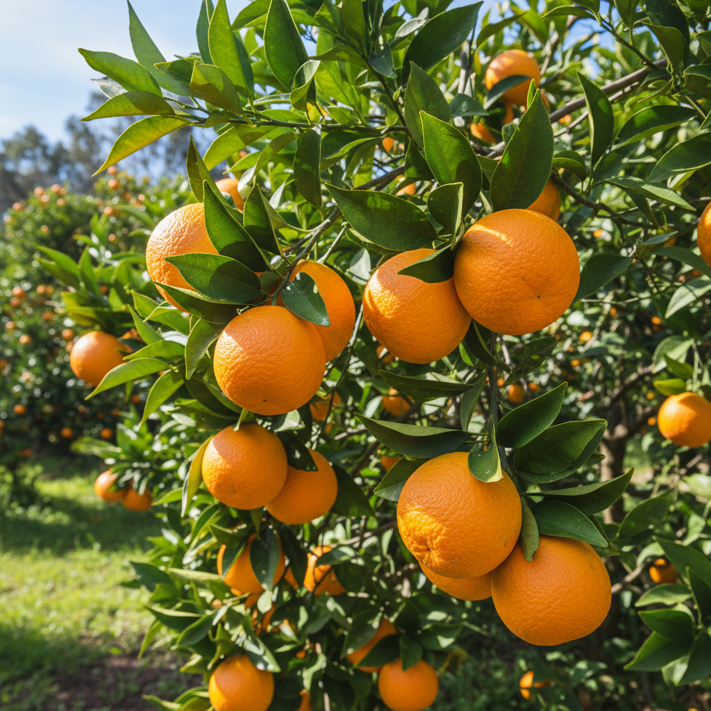 Bright orange navel oranges hanging on a tree with green leaves