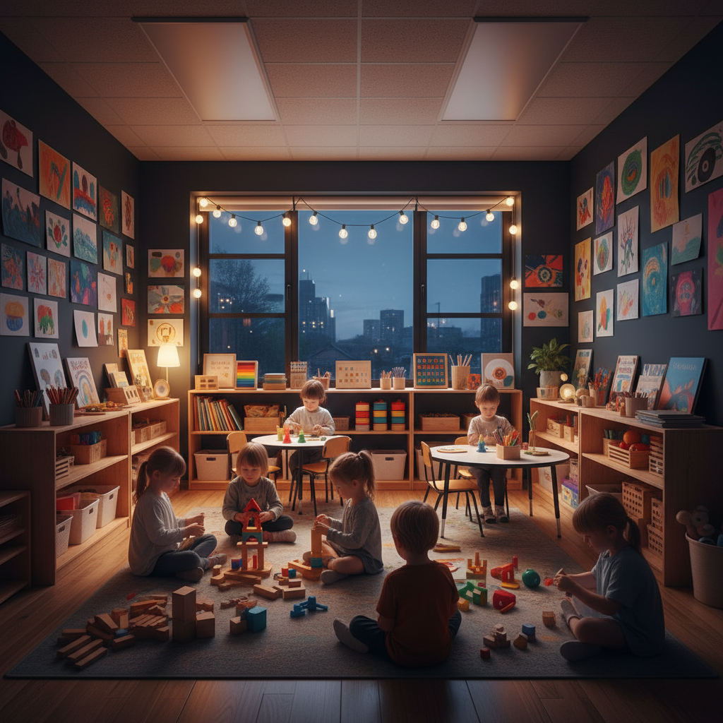 Bright early learning classroom with low tables, art supplies, and children's artwork on walls
