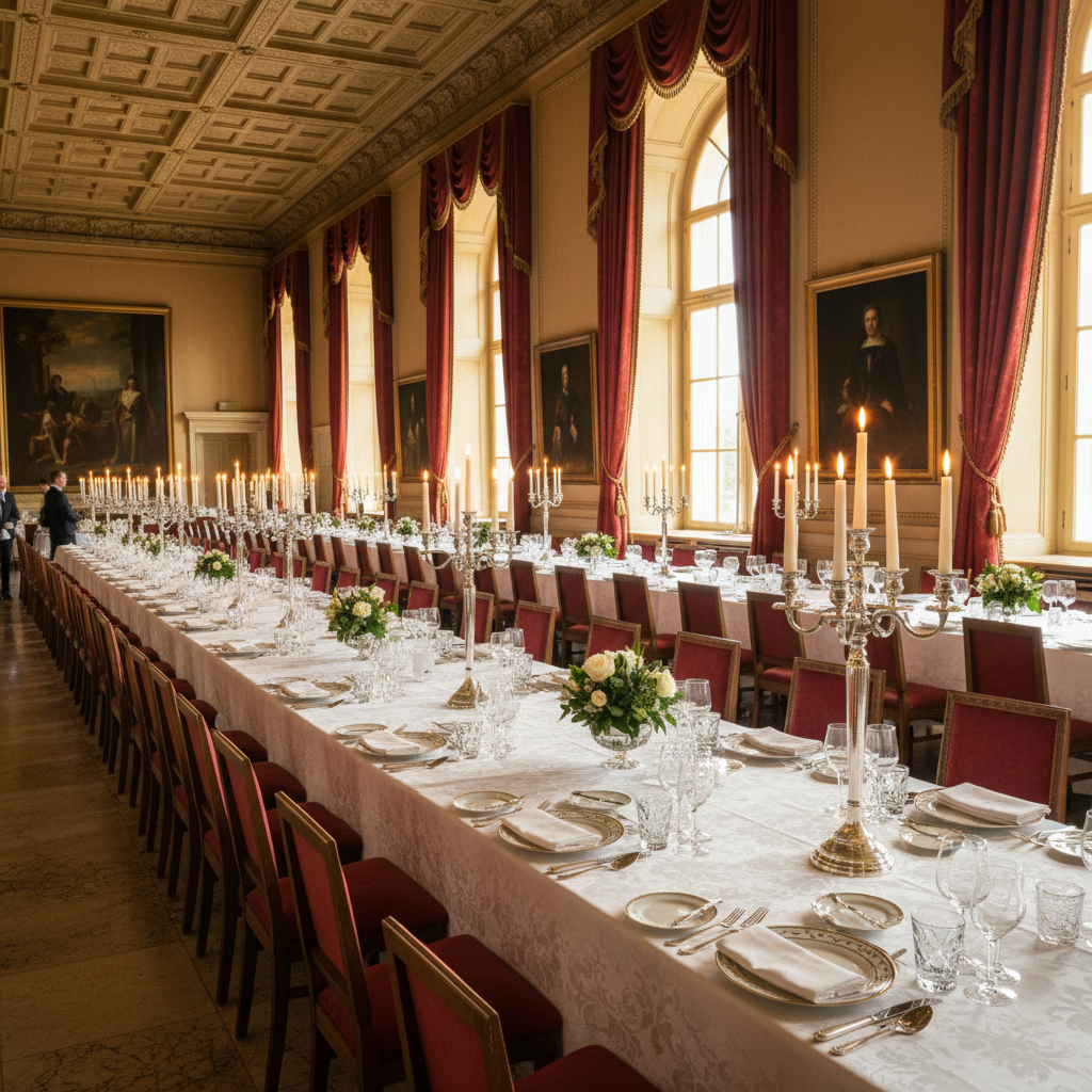 Grand state banquet hall with long tables, ornate gold centerpieces, warm ambient lighting, formal political dinner setting, deep crimson and gold decor