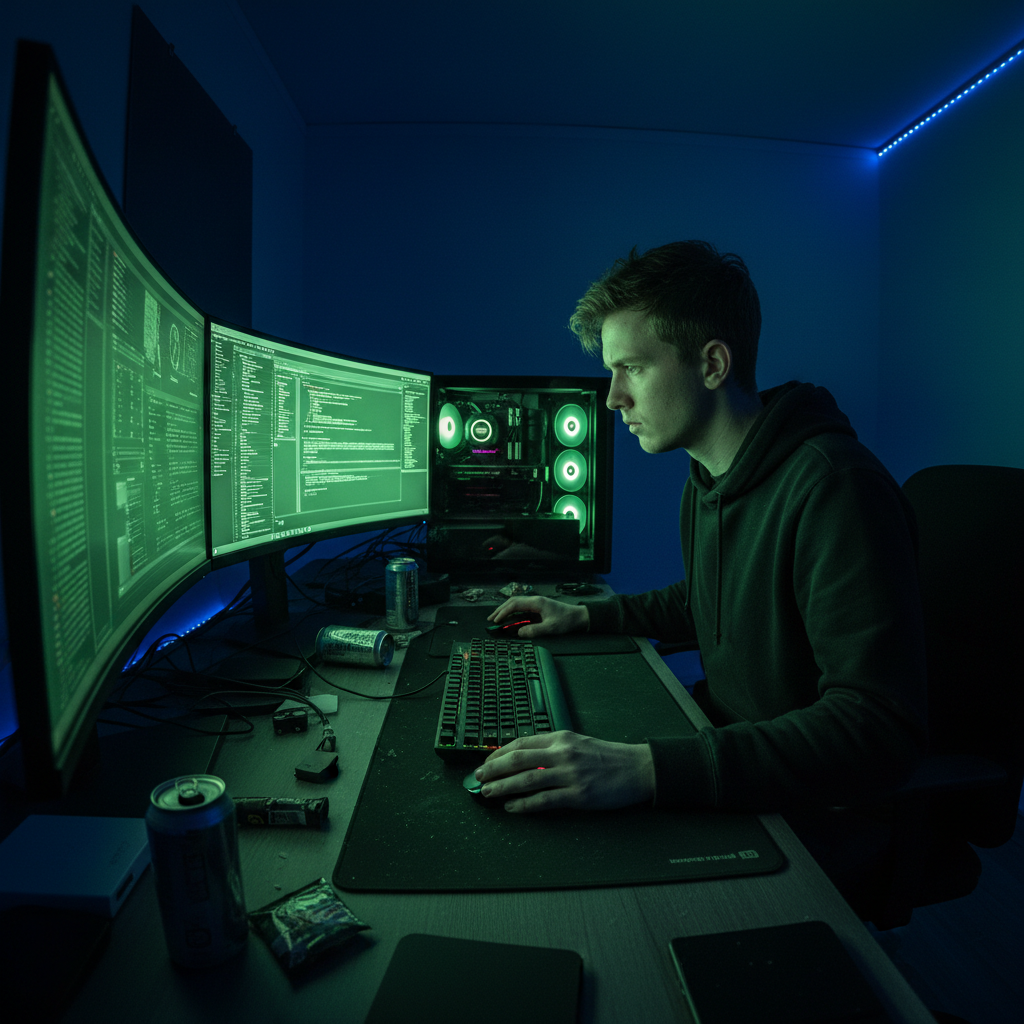 Moses Andrew Raymond — cybersecurity enthusiast working at a terminal in a dark room with green glow