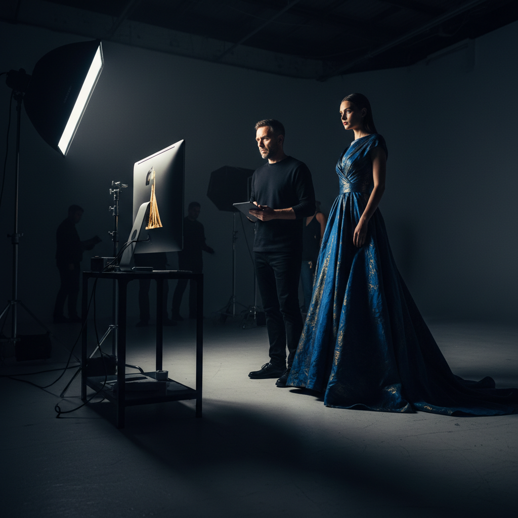 Producción cinematográfica con iluminación dramática en estudio profesional