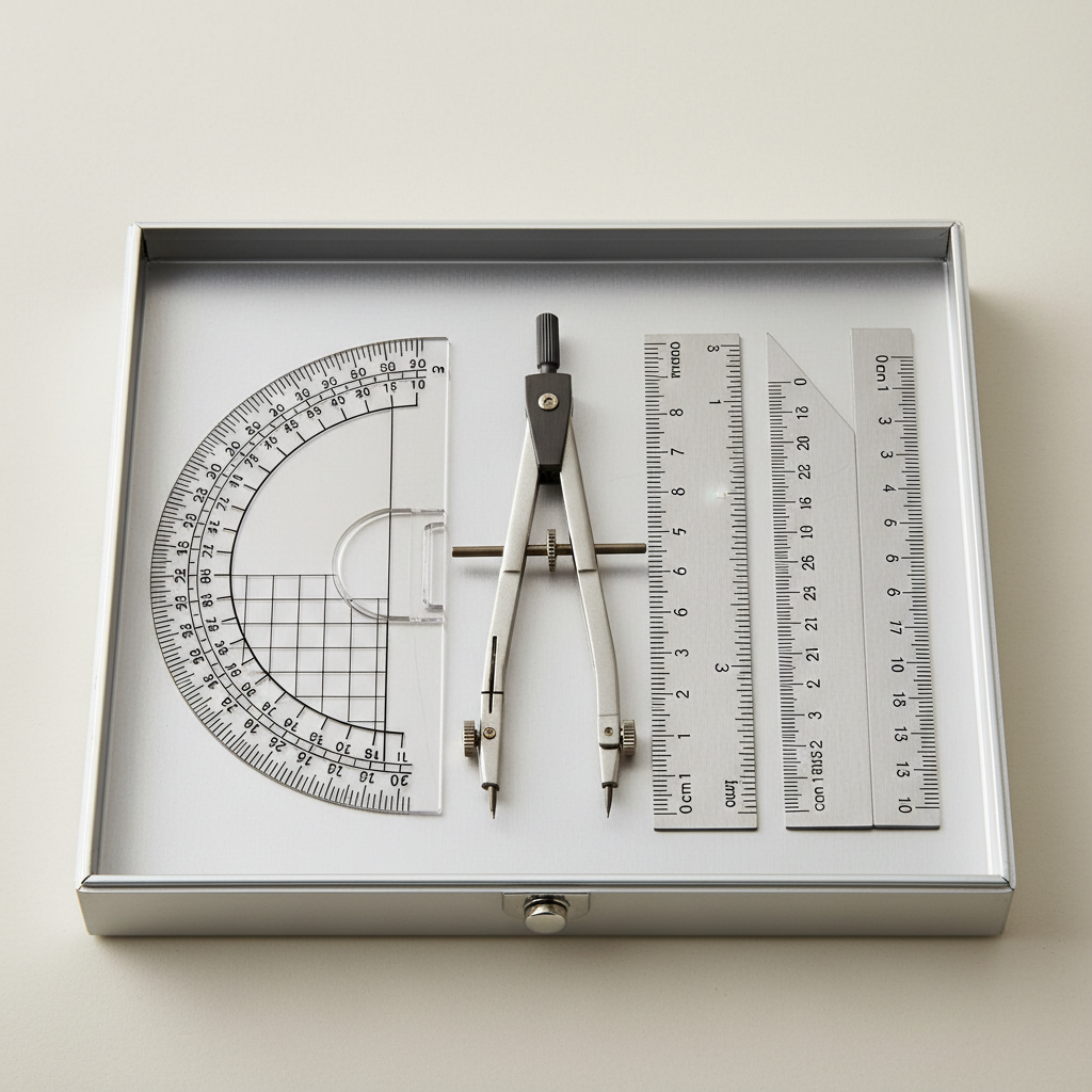 Open geometry box with compass, protractor and ruler on blue background