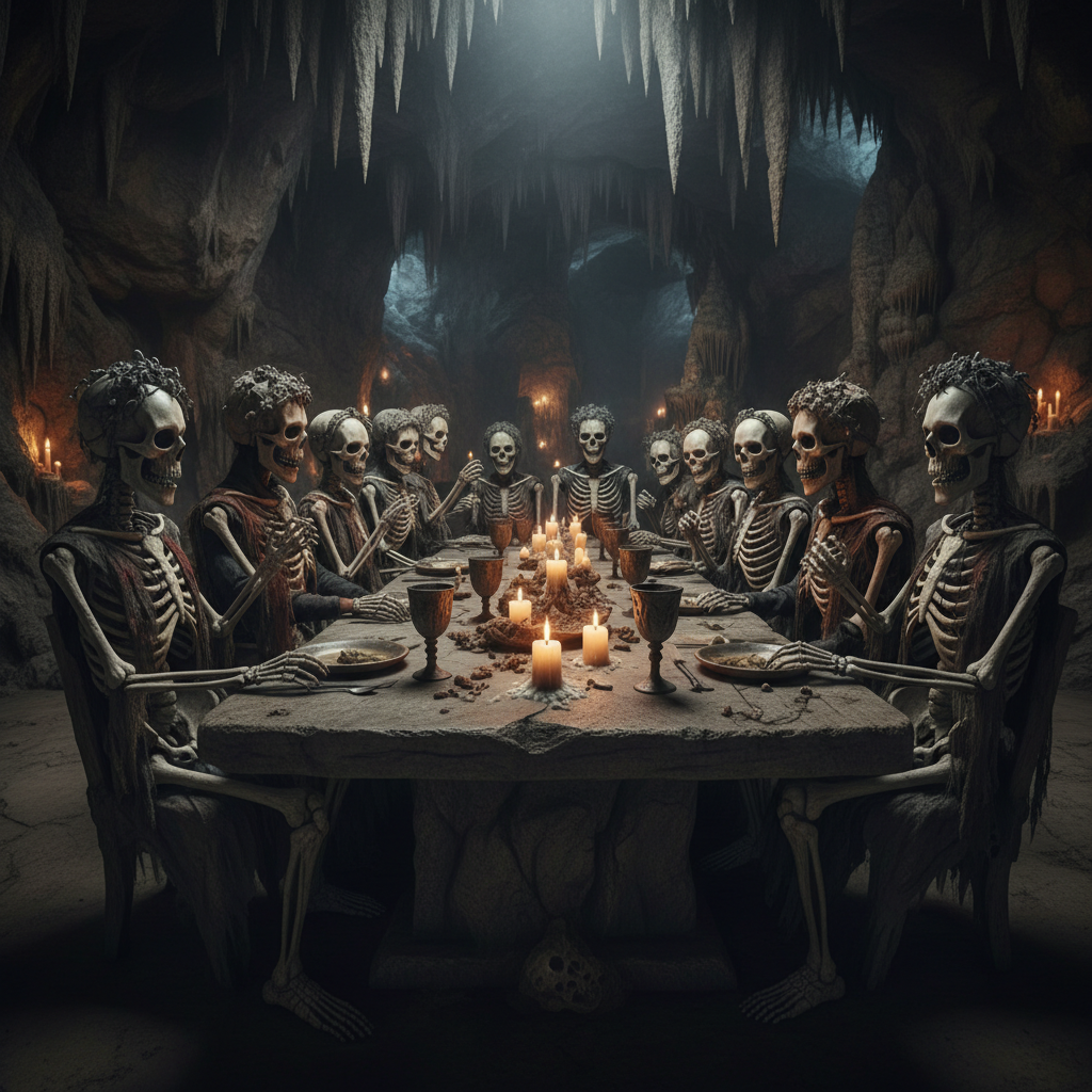 Corporate group in skeleton costumes at underground dinner