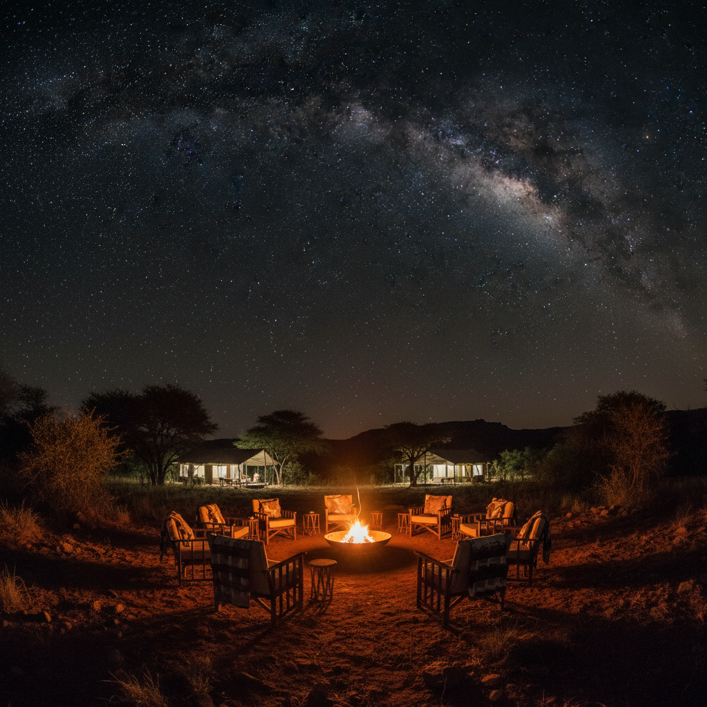 Luxury desert camp under starry night sky with fire pit