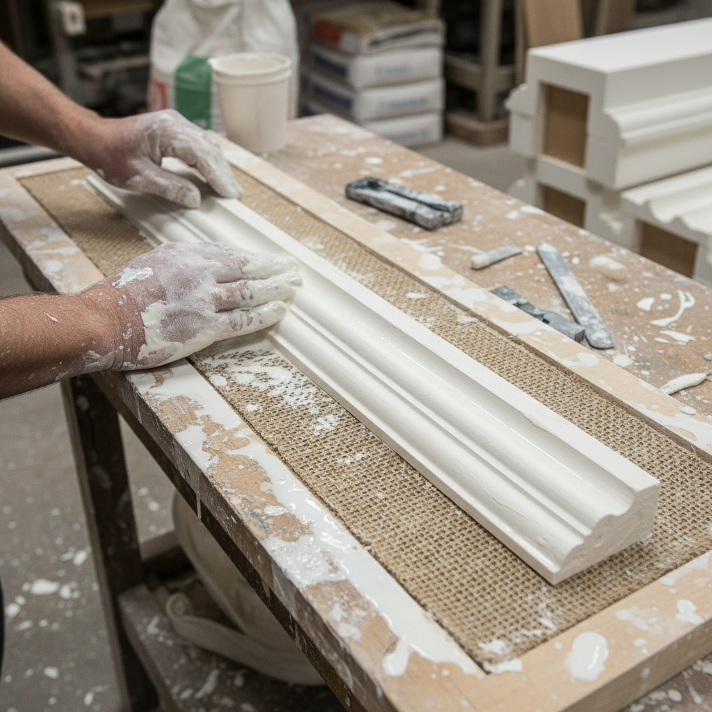 Fibrous plaster cornice mould being cast showing hessian reinforcement and wet plaster in process