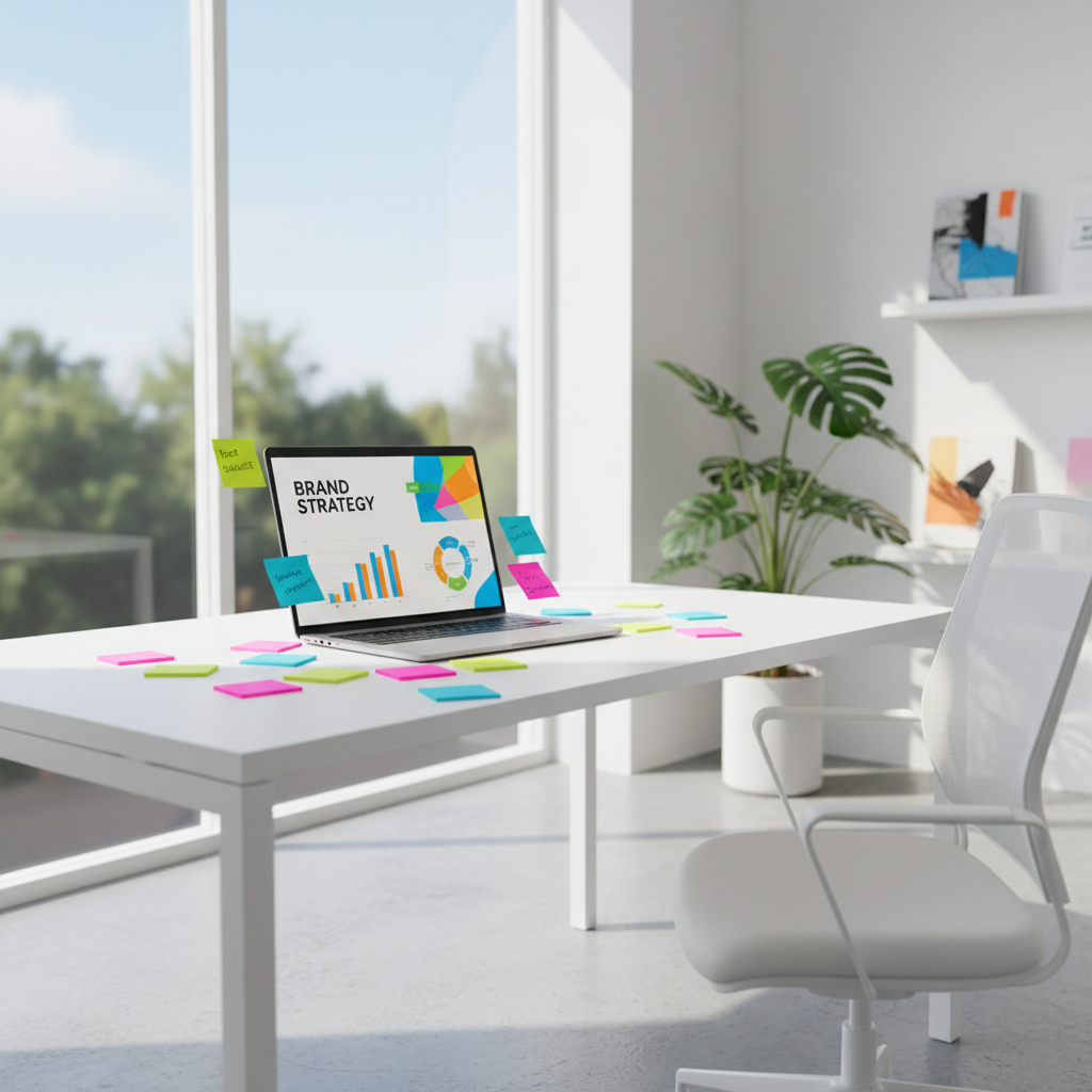 Digital strategy planning on bright whiteboard with colorful sticky notes, modern meeting room, daylight, organized workspace