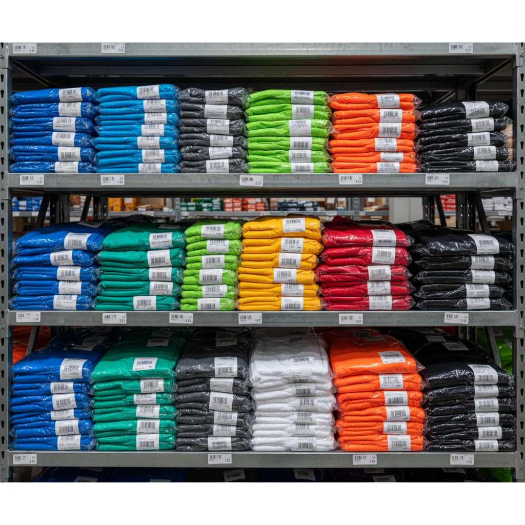 Stacked folded athletic shorts in multiple colors on warehouse shelving with barcode labels visible