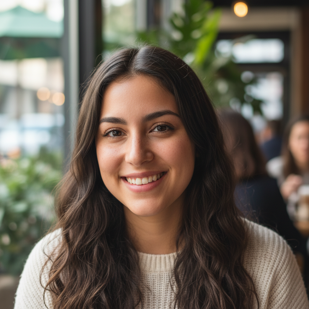 Young Hispanic woman with long dark hair and warm smile