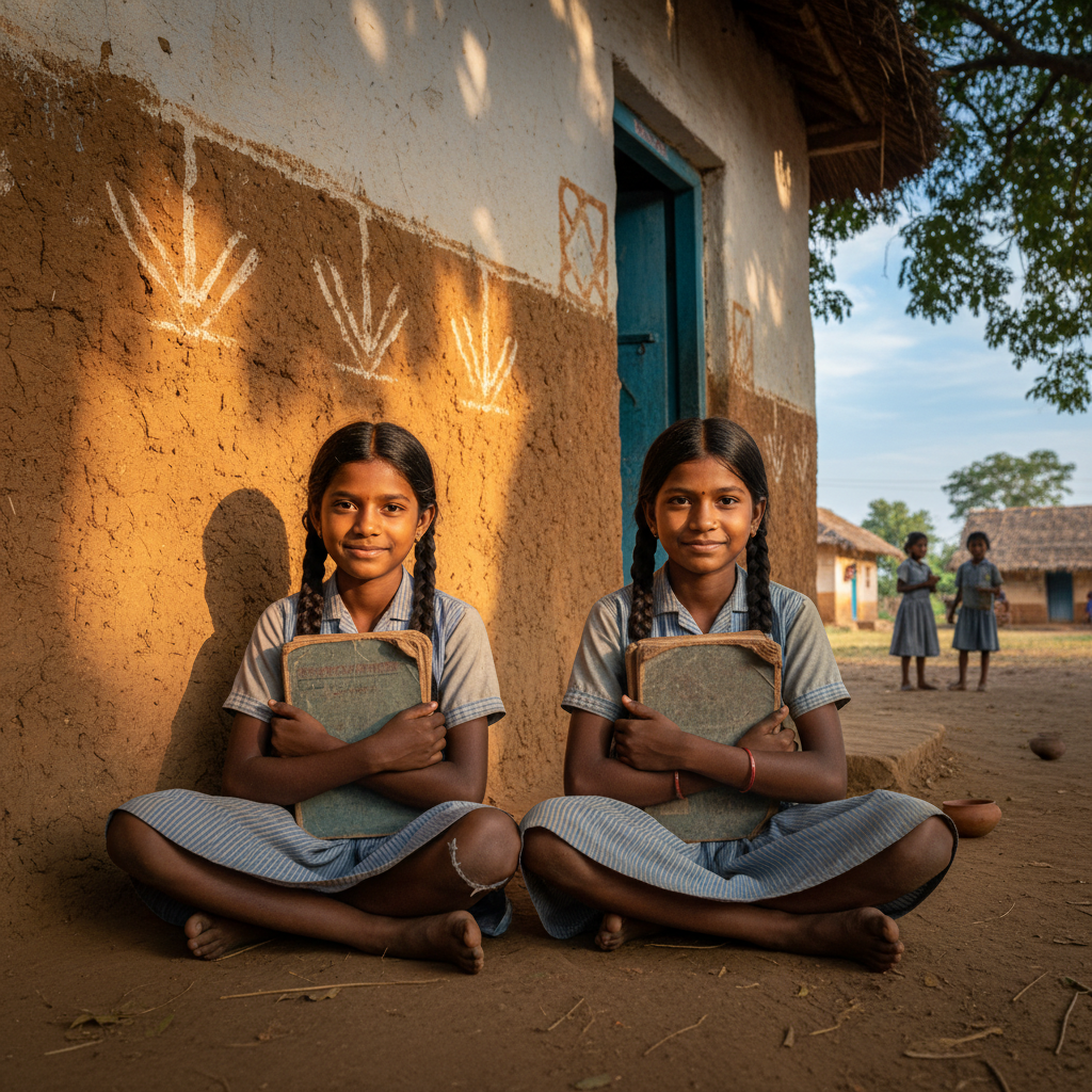 Children sitting in a bright classroom with books open, attentive expressions, rural Indian school