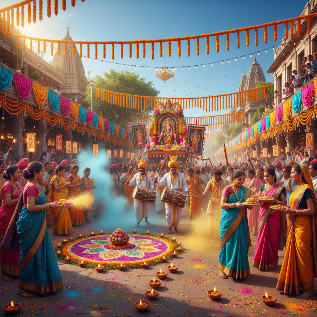 Vibrant Indian festival scene with colourful lights and celebrations at night, dark atmospheric backdrop with golden glows