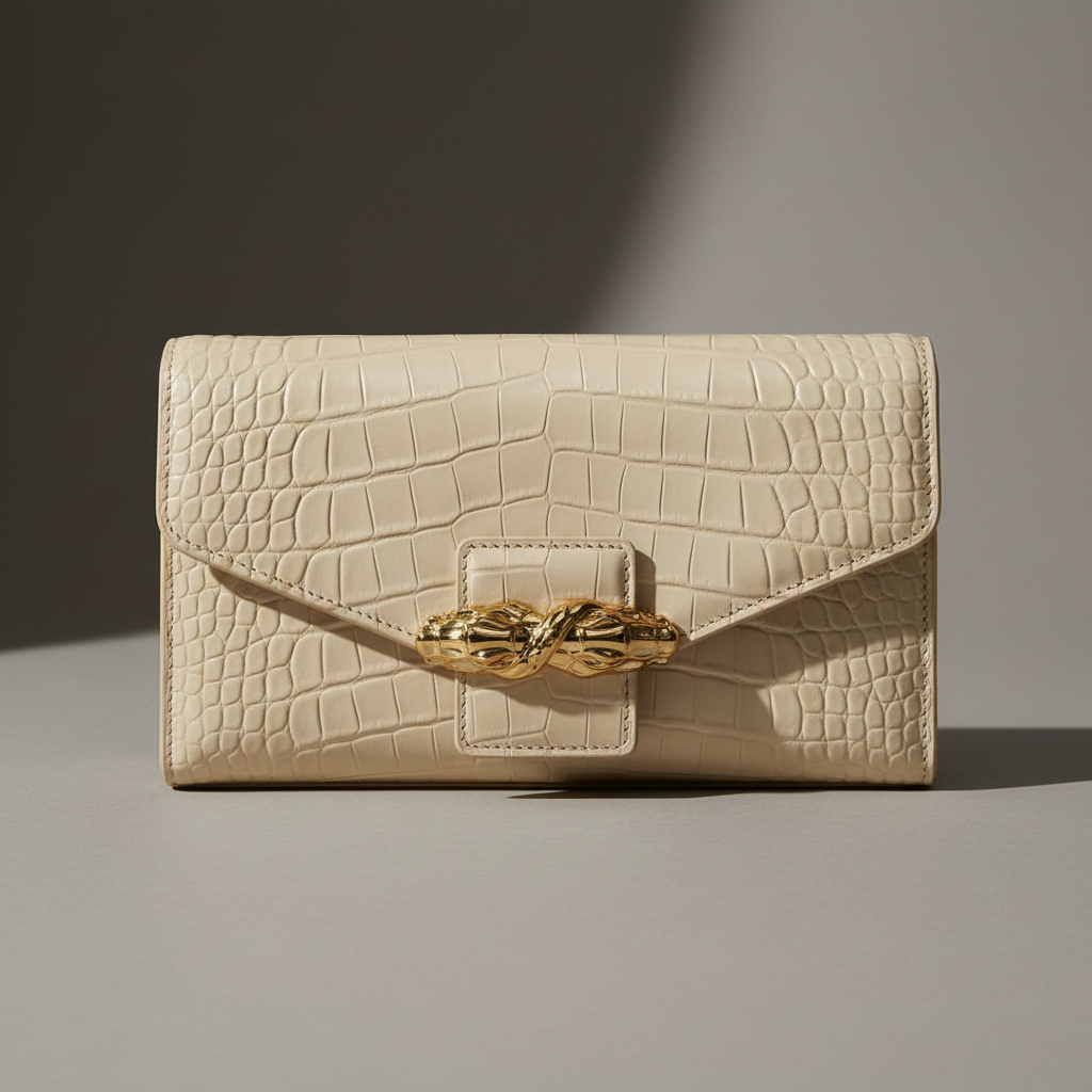 Black patent leather clutch with gold clasp on dark velvet surface, dramatic spotlight, luxury product