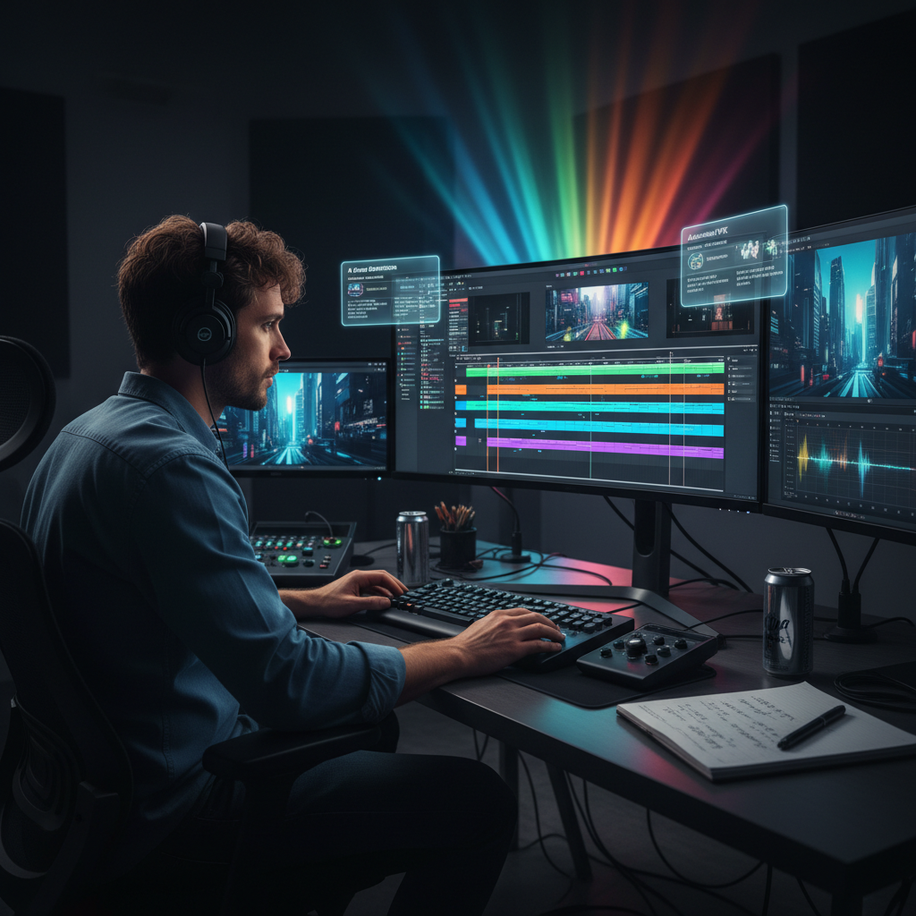 Runway ML video editing timeline on bright professional monitor