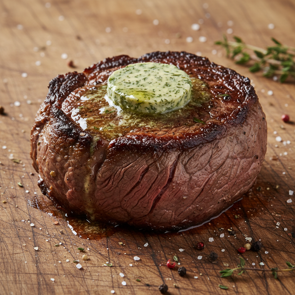 Perfectly seared burger patty on wooden board, juicy and thick, warm kitchen light