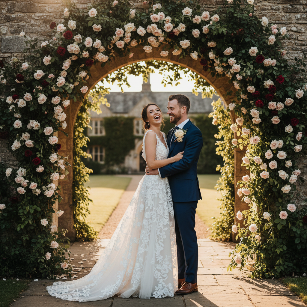 Bride in lace gown laughing with groom under a stone arch draped in late-summer roses at Hartwell Estate
