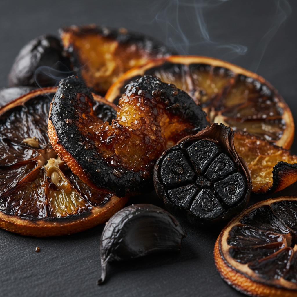 Charred citrus and fermented black garlic ingredient close-up on dark surface