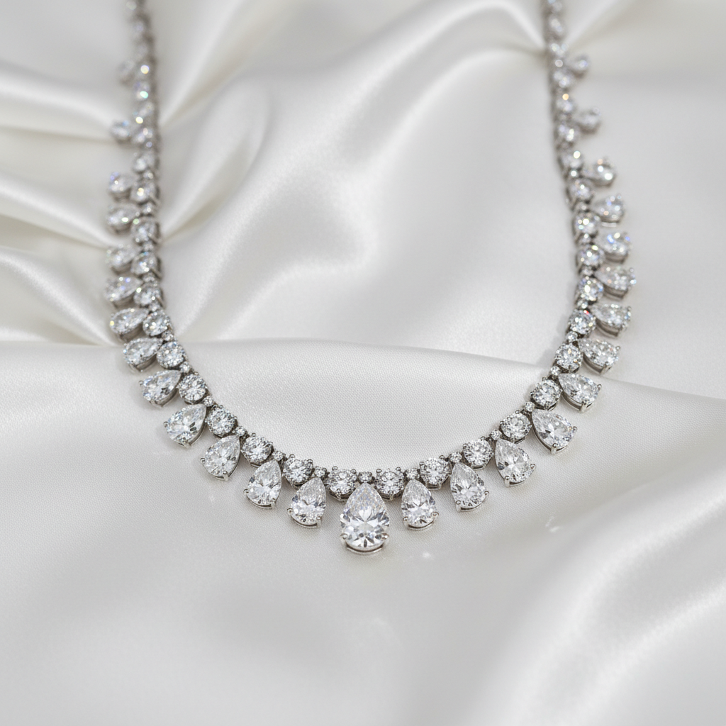 Diamond-set white gold ladies watch on black silk, soft dramatic lighting