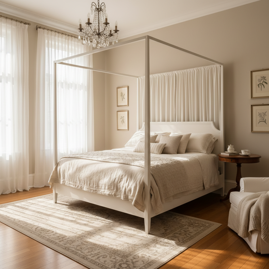 Elegant master bedroom suite with panoramic windows, plush furnishings, warm golden morning light