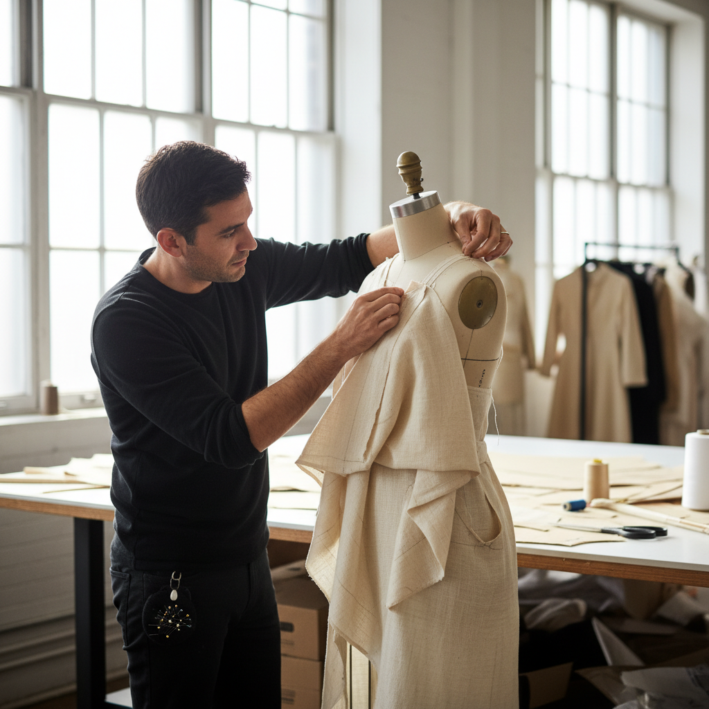 Marco Reyes, pattern cutter in a Los Angeles studio, pinning muslin to a dress form under bright workshop lighting