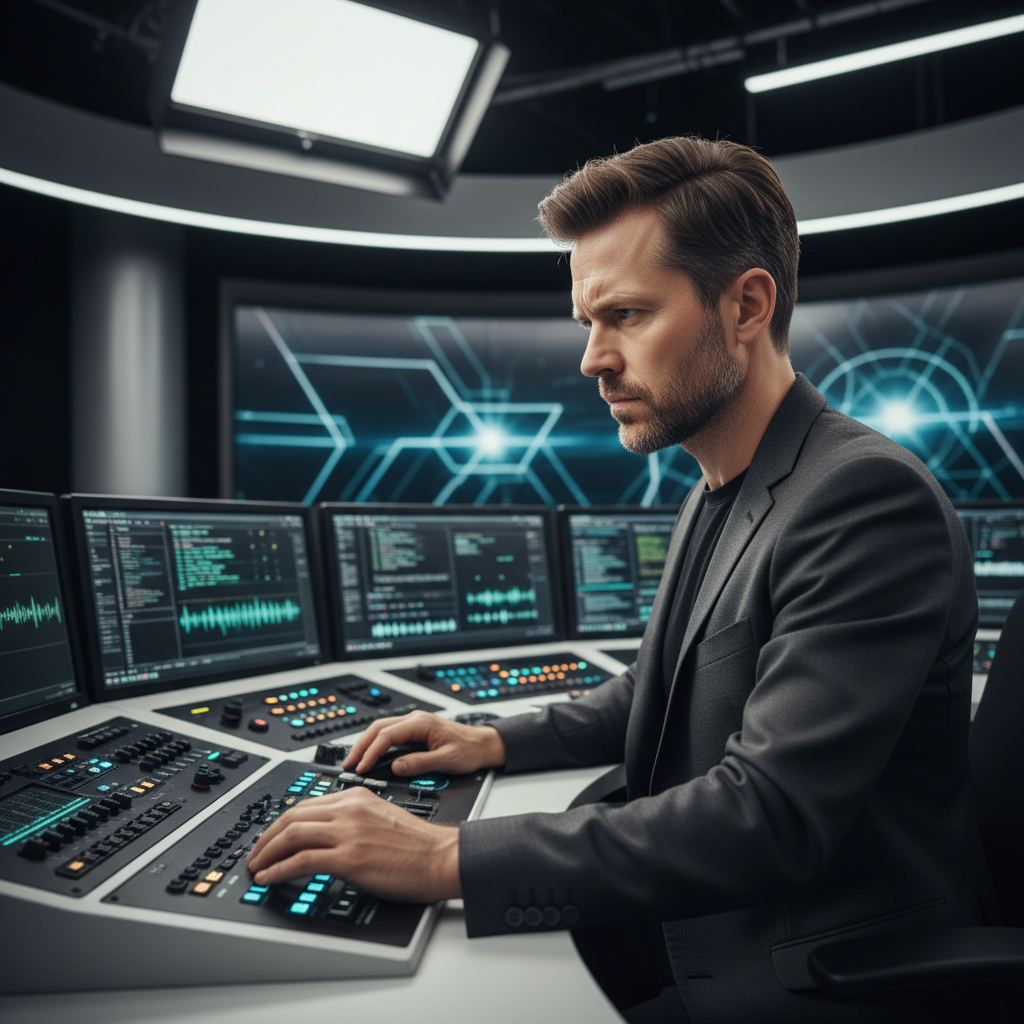 Lukas Brennan, Technical Director, focused expression in studio environment