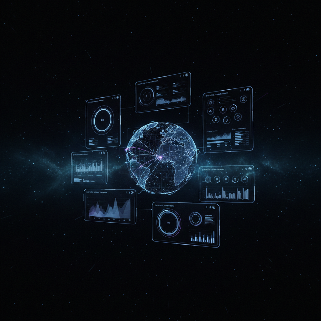 Dark UI design components and dashboard wireframes on deep navy background