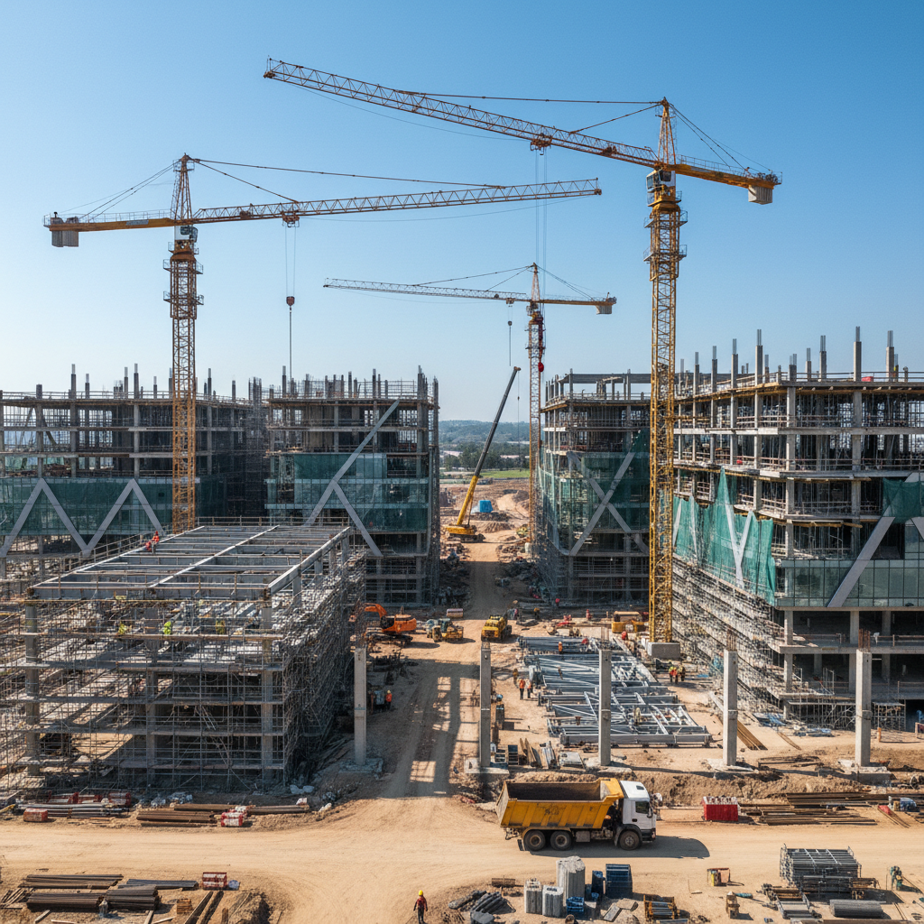 Aerial view of large construction site with yellow cranes and partially completed structures, dim industrial sky