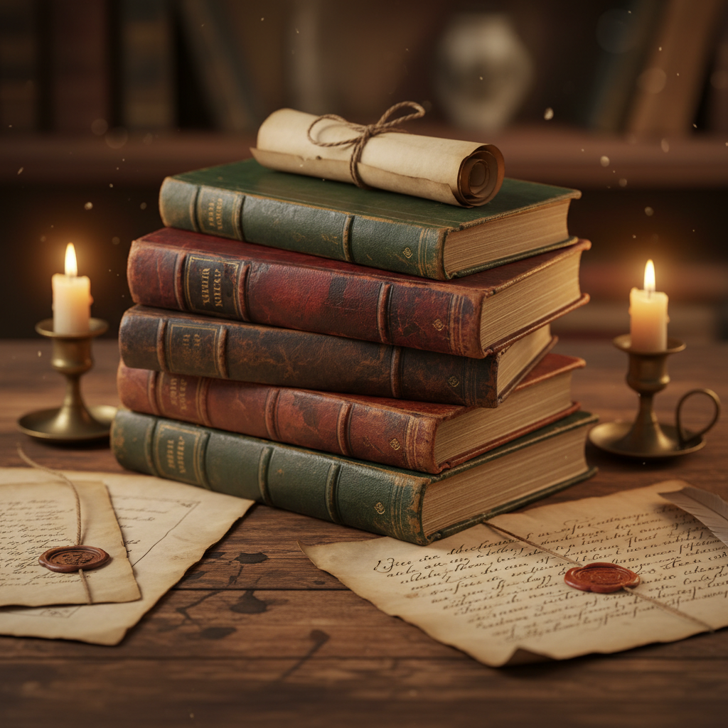 Stack of used books with handwritten notes, warm candlelight, dark wooden desk, intimate study setting