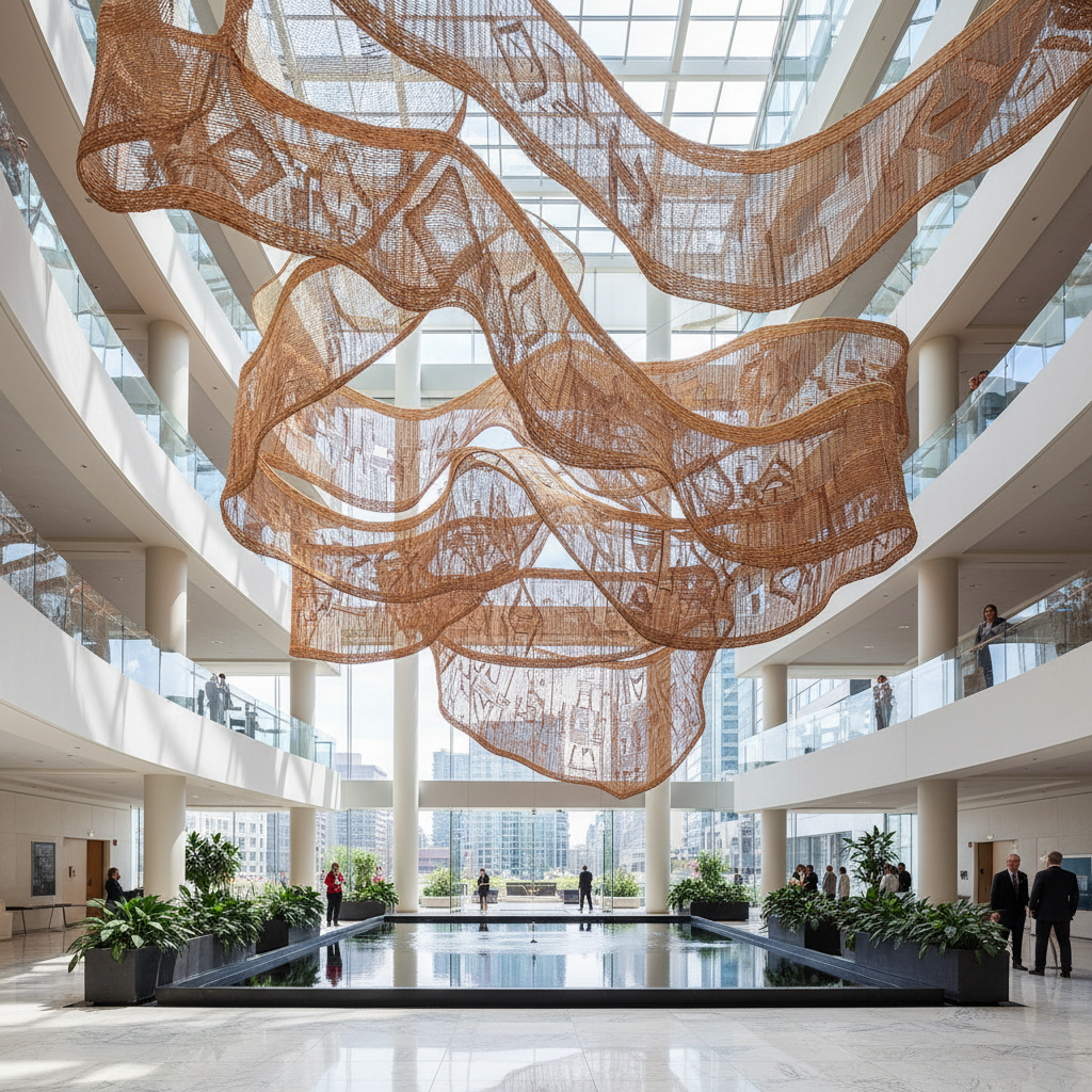 Massive site-specific textile installation in corporate atrium, woven cedar and copper wire in natural and metallic tones, 6 meters wide