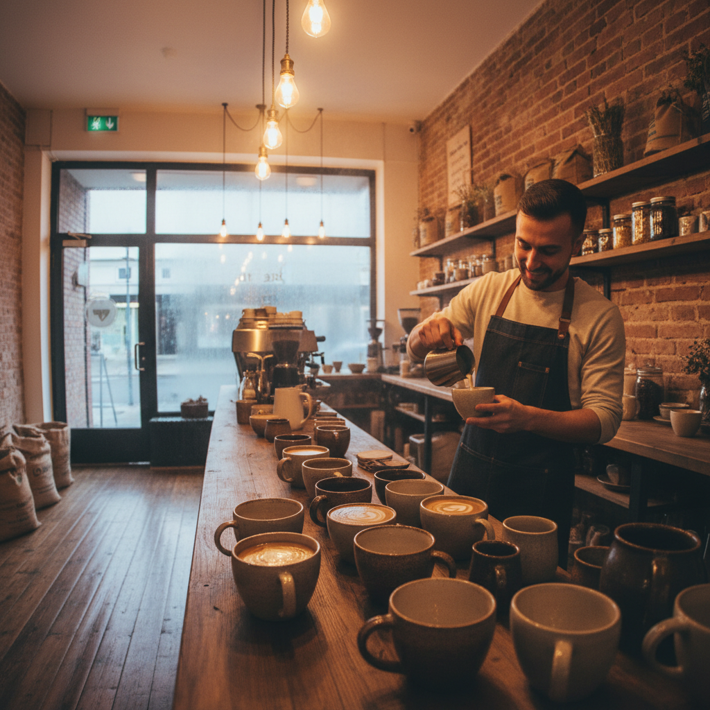 Warm interior of Brew café with wooden tables, ceramic cups, and morning light streaming through rain-streaked windows