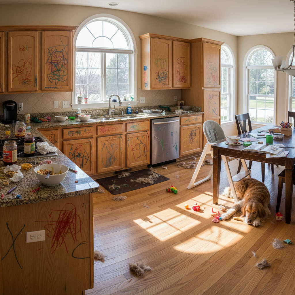 Atlanta family kitchen before cleaning — crayon marks on cabinets, dog hair on floor, sticky countertops