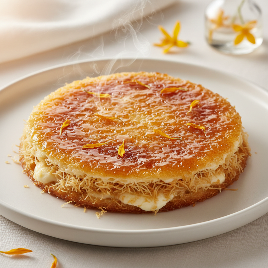 Classic knafeh Syrian dessert with orange blossom syrup, dark background, golden orange hue
