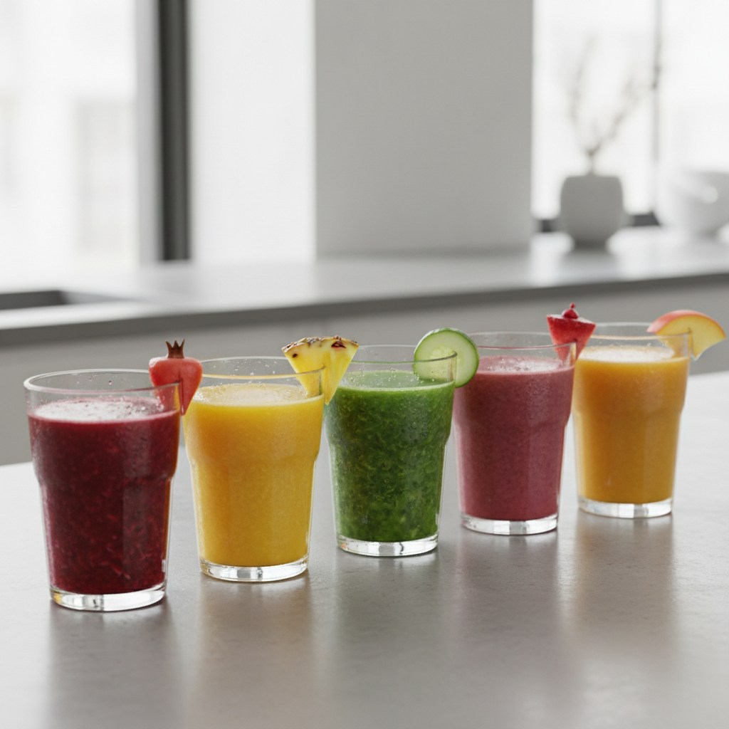 Fresh tropical fruit juices in clear glasses with colorful fruits and mint garnish on bright background