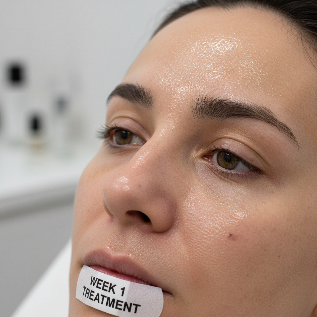 Oily congested skin with visible shine and enlarged pores at week one of treatment
