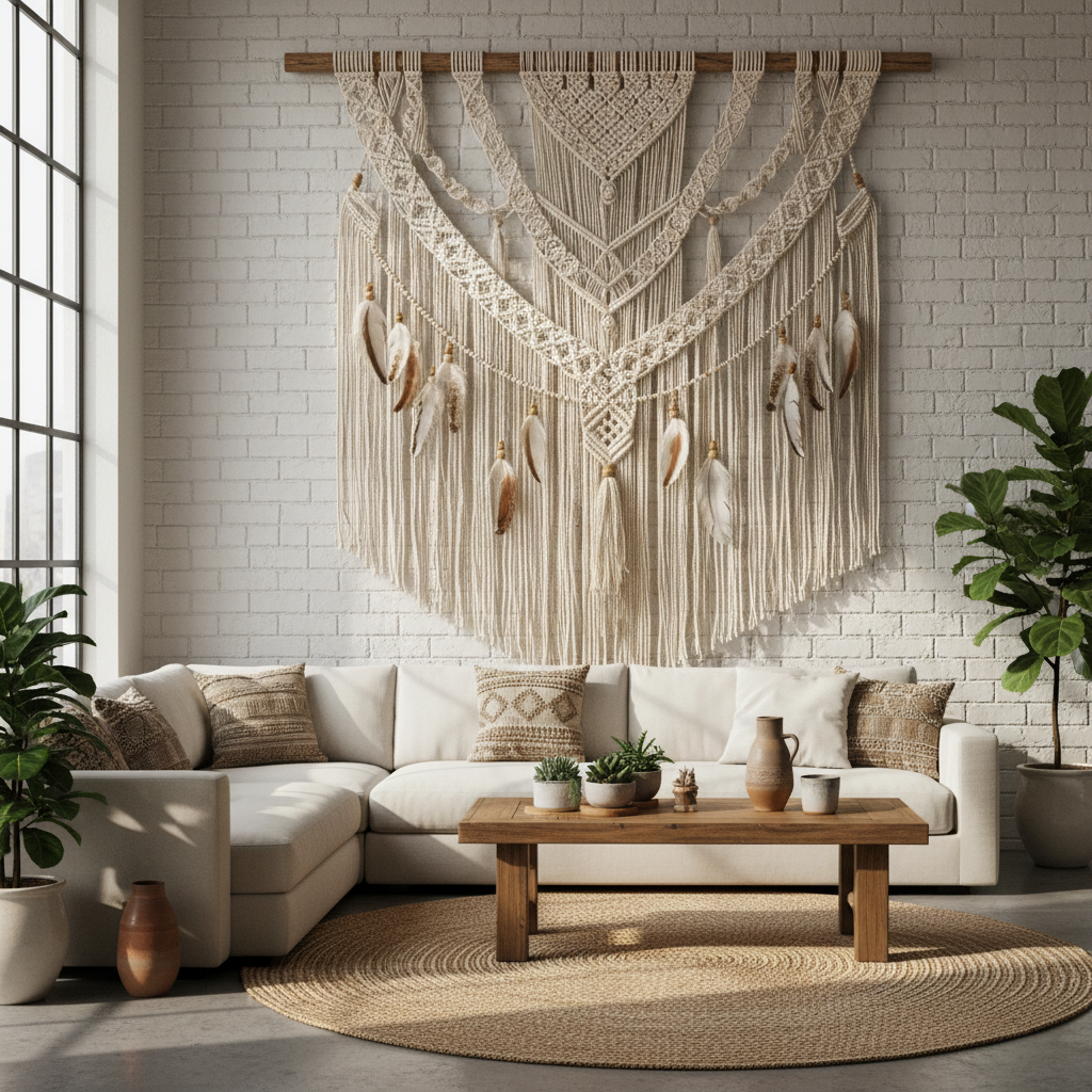 Large boho macramé wall hanging with fringe and feathers in a bright living room