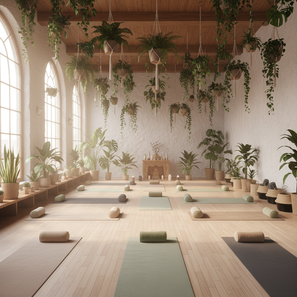 Serene yoga studio with soft natural light, wooden floors, minimalist decor and peaceful atmosphere