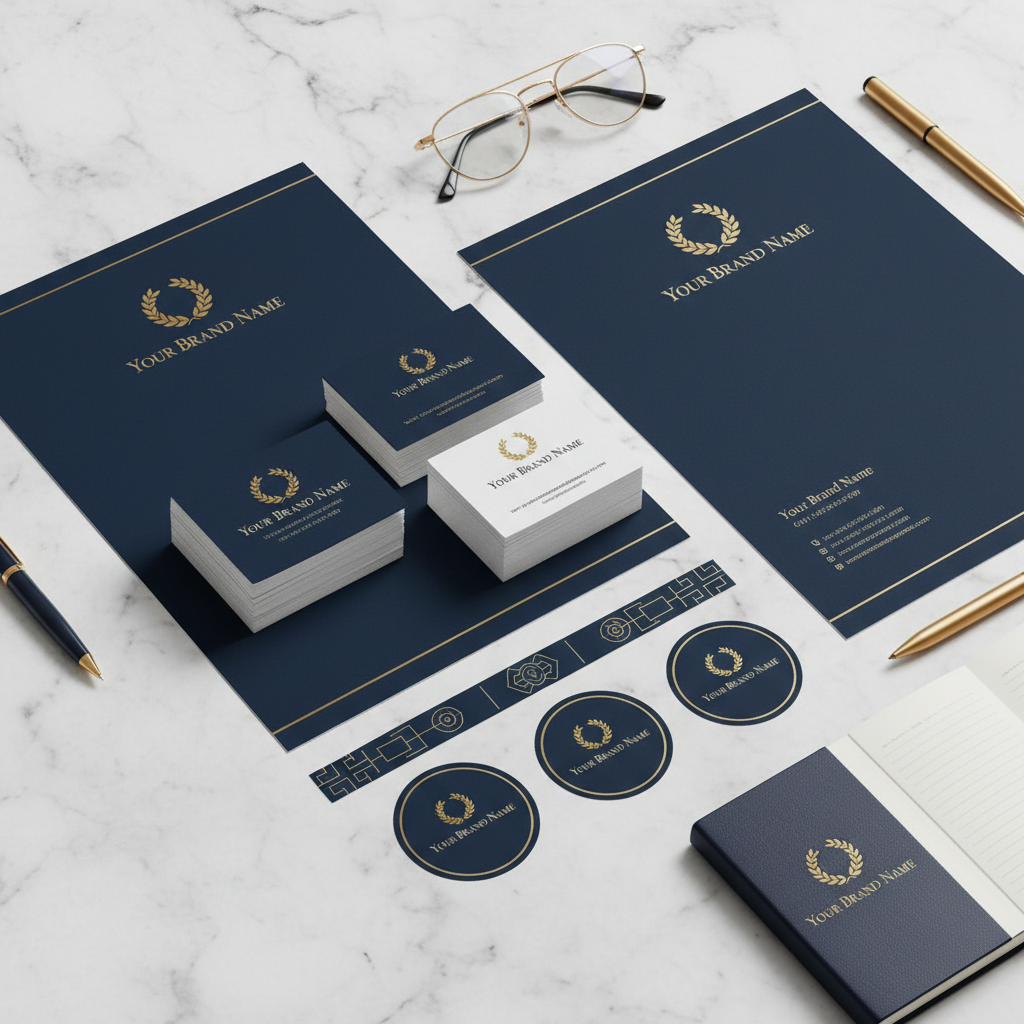Brand strategy workshop materials spread on a dark table, mood boards and identity concepts for New Heights Church, gold and deep navy color palette swatches