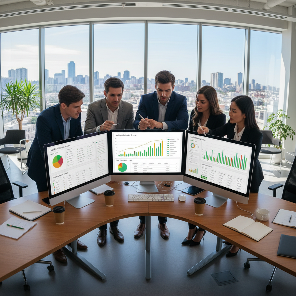 Sales team reviewing CRM pipeline and lead conversion metrics on screens
