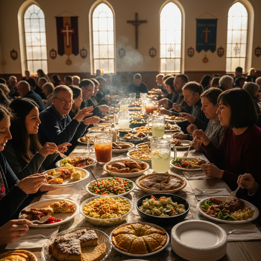 Smiling group of church members gathered around a table sharing a meal at a church fellowship dinner