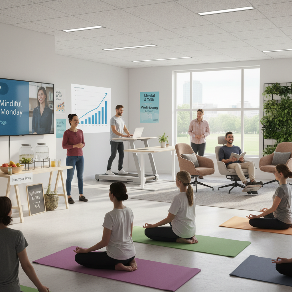 Office employees participating in corporate wellness yoga session