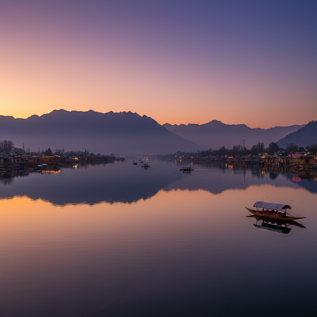 Dal Lake panorama at dusk with the entire Zabarwan range reflected in still water, violet and gold