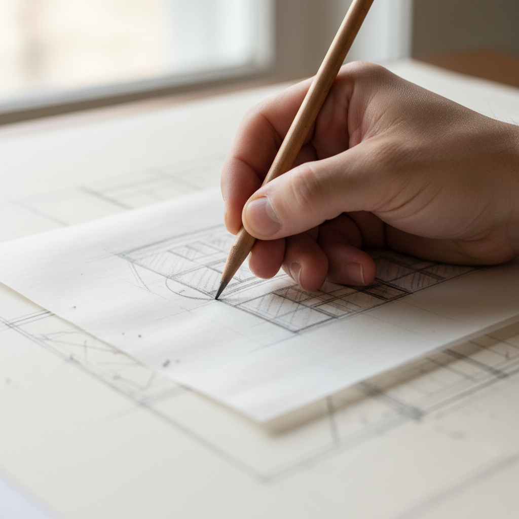 Architect's hand sketching on tracing paper — charcoal on vellum
