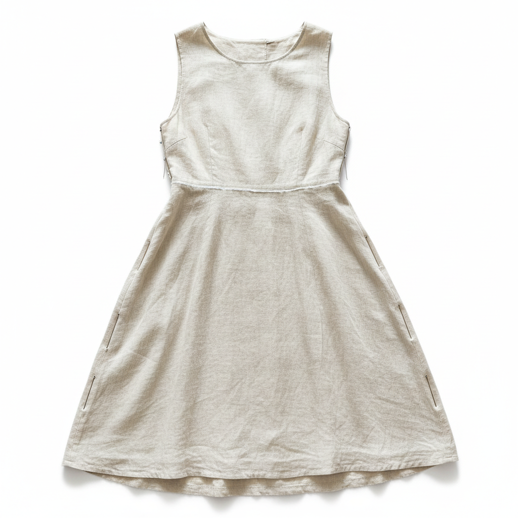 Cream linen dress with side seam alteration pins and waist chalk line