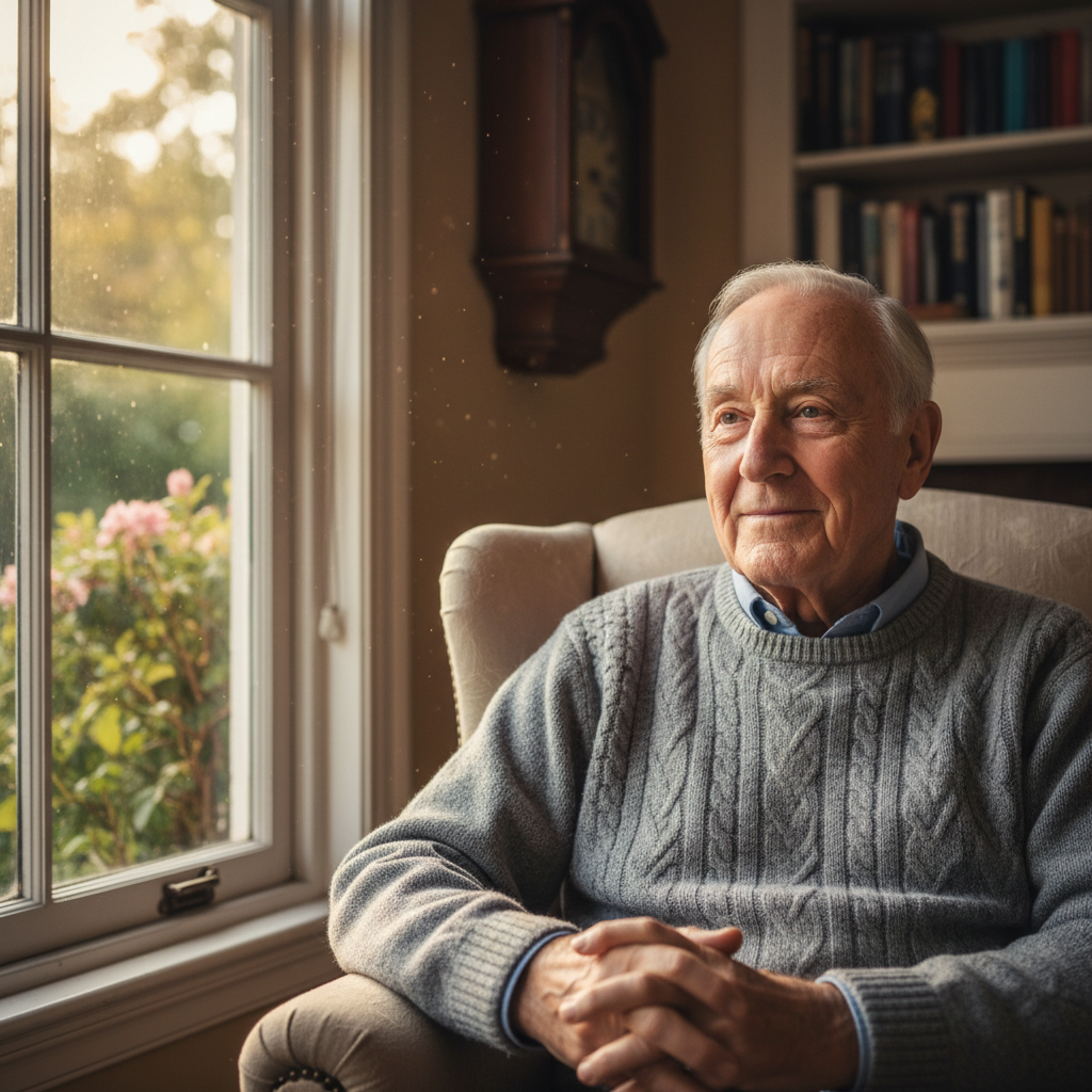 Older man in his seventies with kind eyes, sitting in morning light