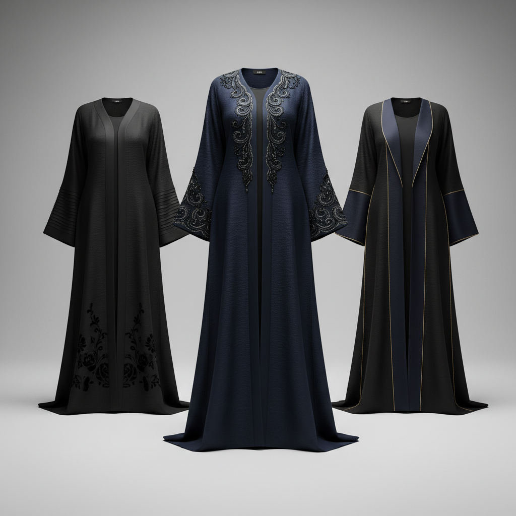 Collection of abayas in different fabrics and styles for first-time buyers